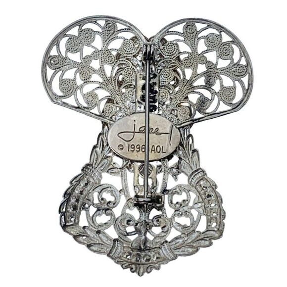 Vintage Jane White Glass Faux Pearl Silver Tone Paisley Angel Brooch Signed - Picture 5 of 6